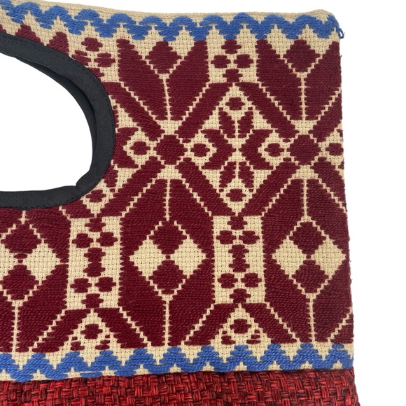 Boho Embroidered Tweed Hobo Hand Bag Pleated Burnt Red Orange Blue - Picture 2 of 6